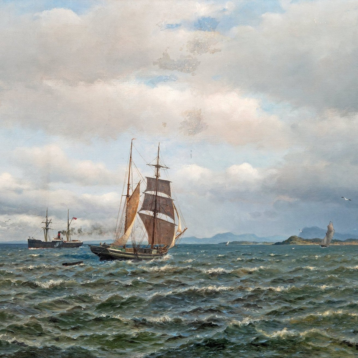 Hand-painted coastal sailboats and steamer nautical oil painting on canvas