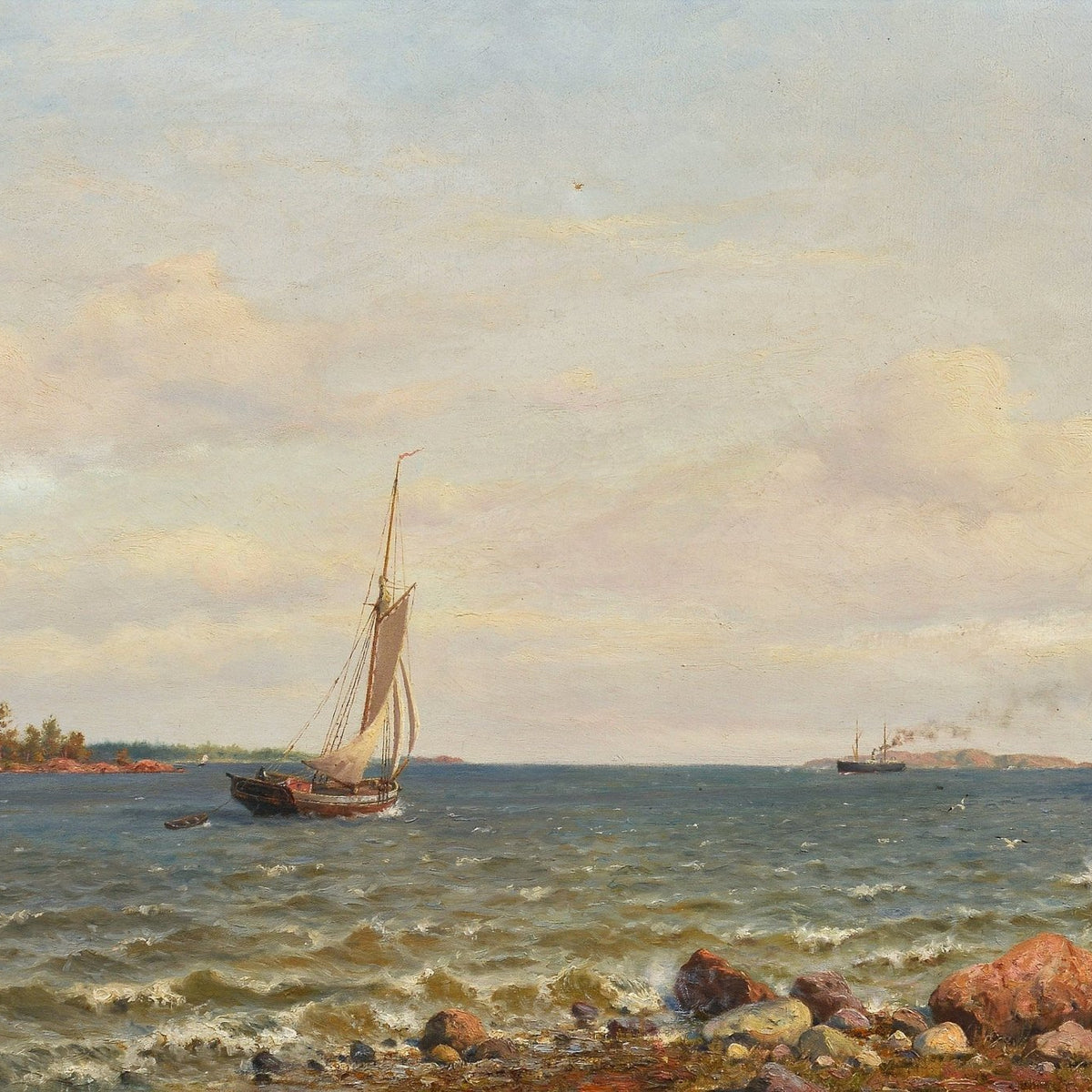Hand-painted coastal sailing scene with rocky shore nautical oil painting on canvas