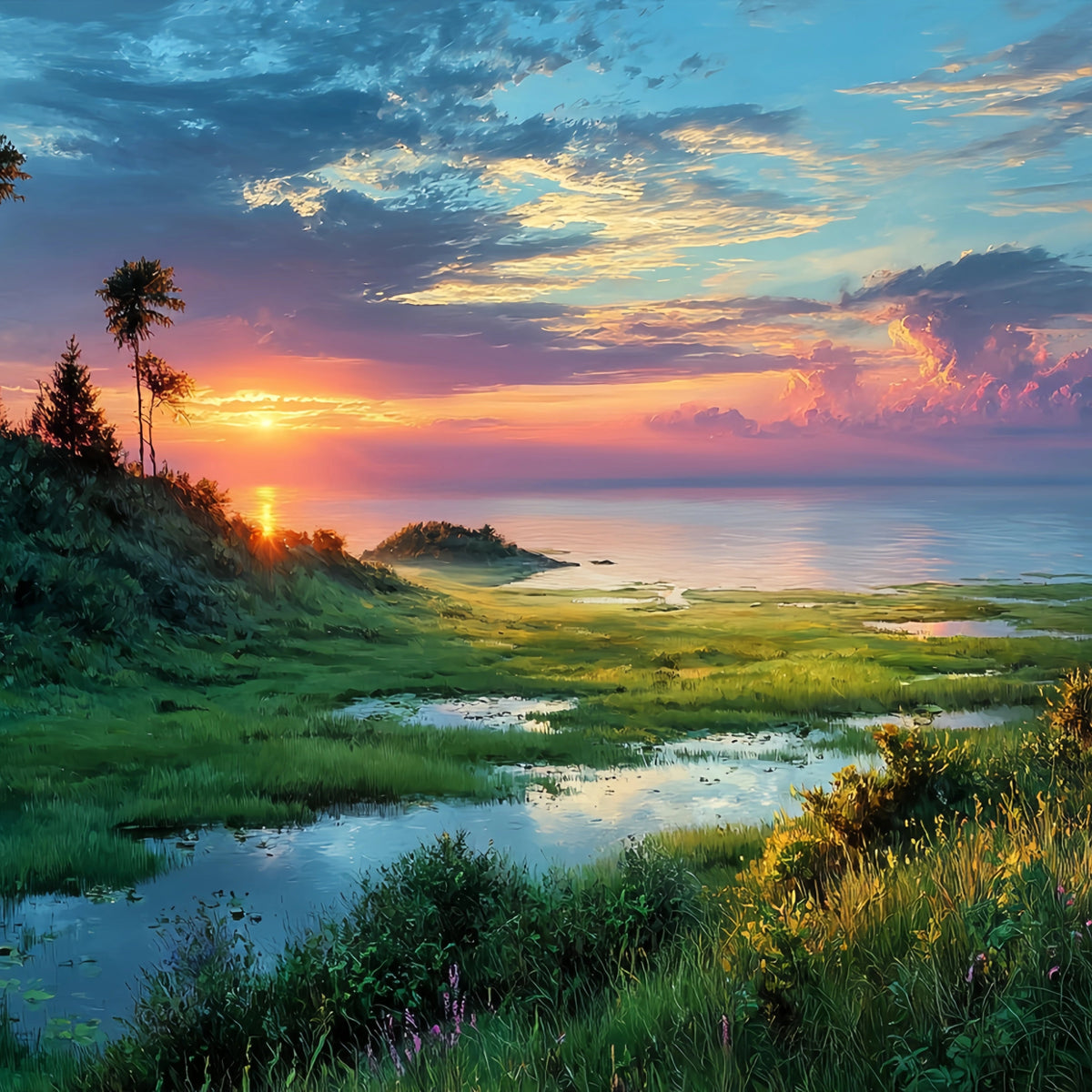 Coastal Sunset Palm Wetlands Original Oil Painting For Sale - Oil Painting Haven