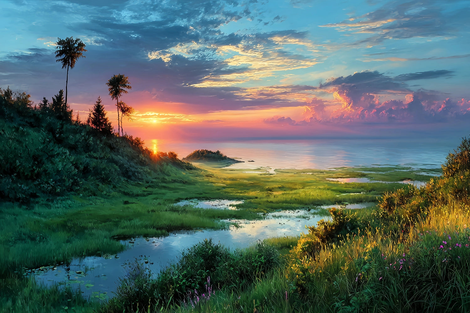 Coastal Sunset Palm Wetlands Original Oil Painting For Sale - Oil Painting Haven