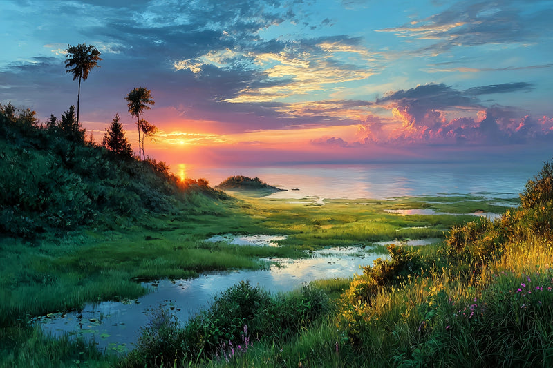 Coastal Sunset Palm Wetlands Original Oil Painting For Sale - Oil Painting Haven