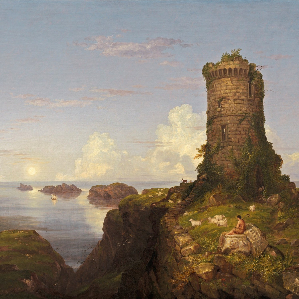 Landscape oil painting of a coastal tower on a rocky cliff, textured brushwork in sky and sea, hand painted oil on canvas. - Add Frame, Animal, Architecture, Canvas, Coastal, Farm, Hand Painted, Landscape, Made To Order, Oil Painting, Seascape