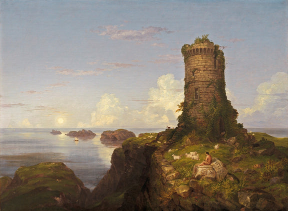 Landscape oil painting of a coastal tower on a rocky cliff, textured brushwork in sky and sea, hand painted oil on canvas. - Add Frame, Animal, Architecture, Canvas, Coastal, Farm, Hand Painted, Landscape, Made To Order, Oil Painting, Seascape