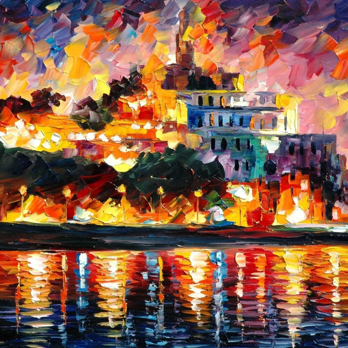 Coastal Town Abstract Landscape Oil Painting | Luminous Waters - Oil Painting Haven