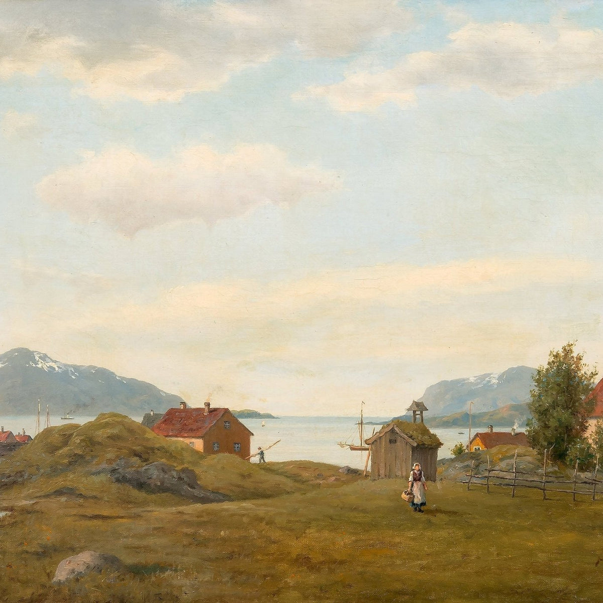 Coastal Village by the Sea, Red Roof Houses – Landscape Oil Painting - Oil Painting Haven