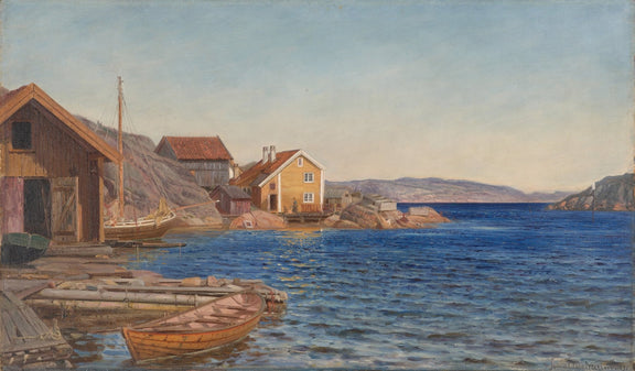 Hand painted landscape oil painting on canvas of coastal village harbor with boats, textured brushwork capturing calm water. - Add Frame, Boat, Canvas, Coastal, Hand Painted, Harbor, Landscape, Made To Order, Oil Painting, Seascape, Village