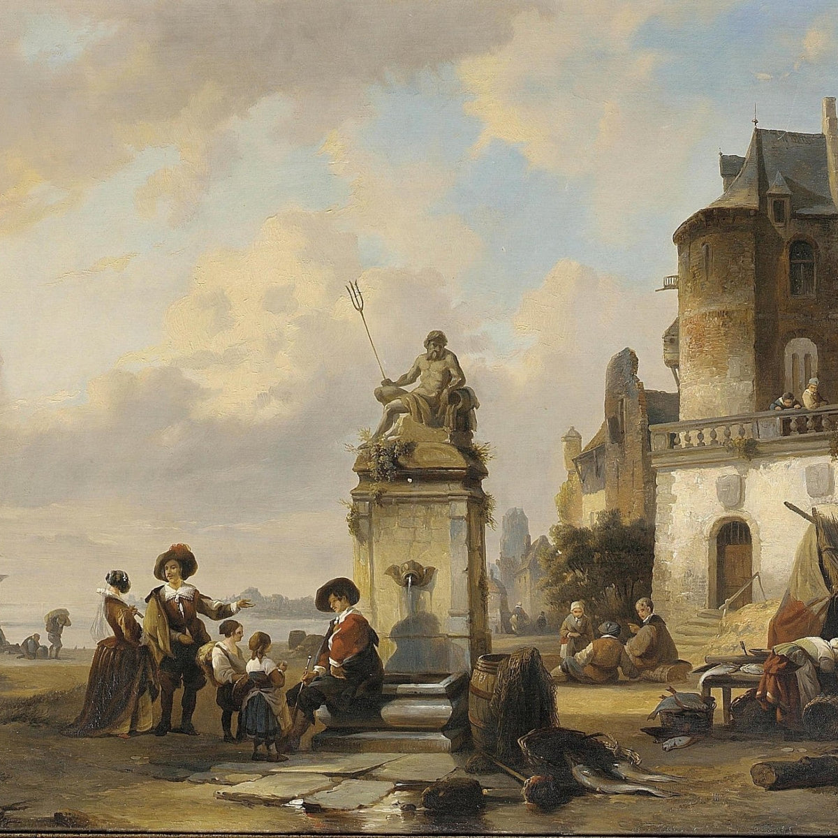 Coastal Village Life by Neptune Fountain - People Oil Painting - Oil Painting Haven