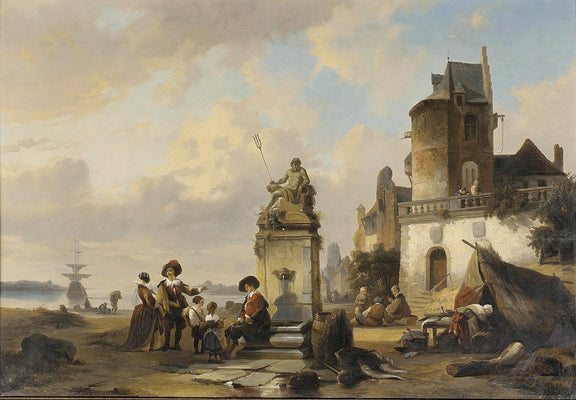 Coastal Village Life by Neptune Fountain - People Oil Painting - Oil Painting Haven