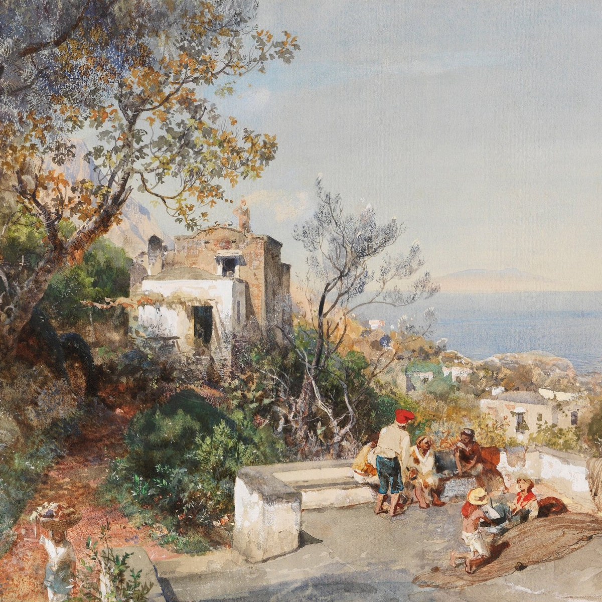 Coastal Village Path with Figures and Sea View – Landscape Oil Painting - Oil Painting Haven