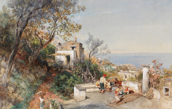 Coastal Village Path with Figures and Sea View – Landscape Oil Painting - Oil Painting Haven