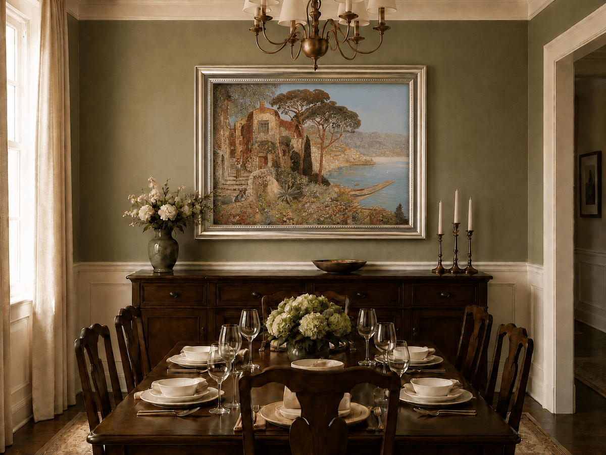 Framed hand-painted coastal village oil painting with flowers and blue sea displayed above a formal dining table.