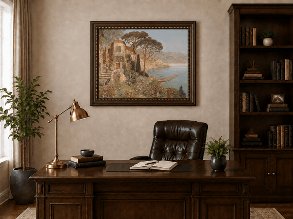 Framed hand-painted coastal village oil painting with flowers and blue sea displayed above a traditional home office desk.