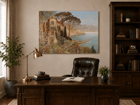 Unframed hand-painted coastal village oil painting with flowers and blue sea displayed above a traditional home office desk.