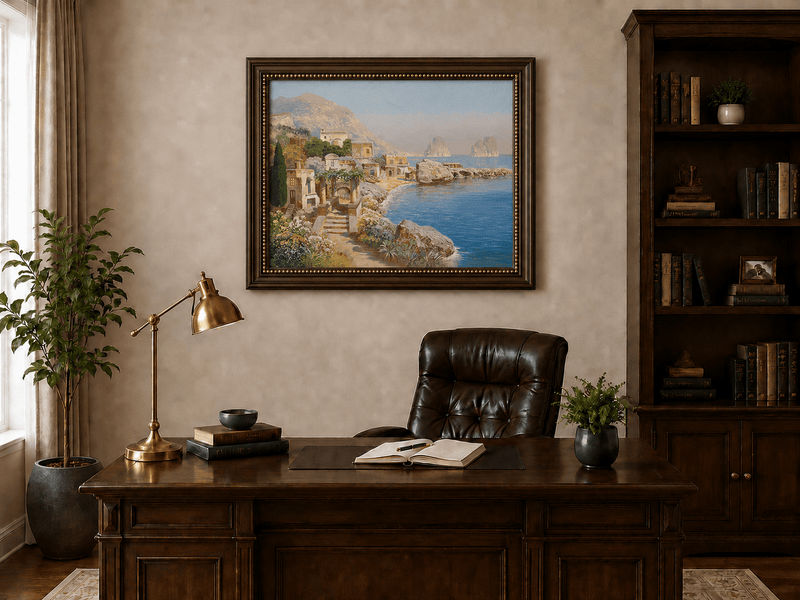 Framed hand-painted coastal village oil painting with blue sea and a rocky shoreline displayed above a traditional home office desk.