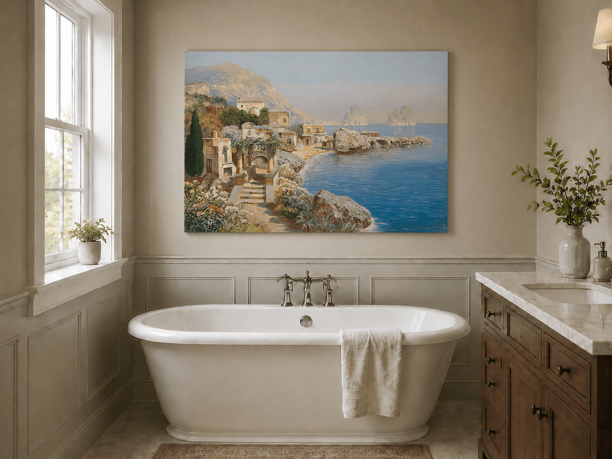 Unframed hand-painted coastal village oil painting with blue sea and a rocky shoreline displayed above a freestanding bathtub.