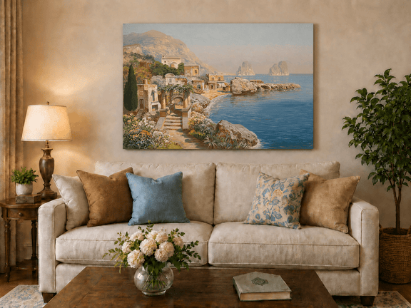 Unframed hand-painted coastal village oil painting with blue sea and a rocky shoreline displayed above a neutral living room sofa.