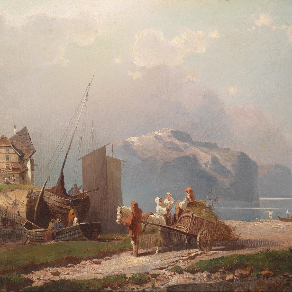 Coastal Village with Fishing Boats - Landscape Oil Painting - Oil Painting Haven