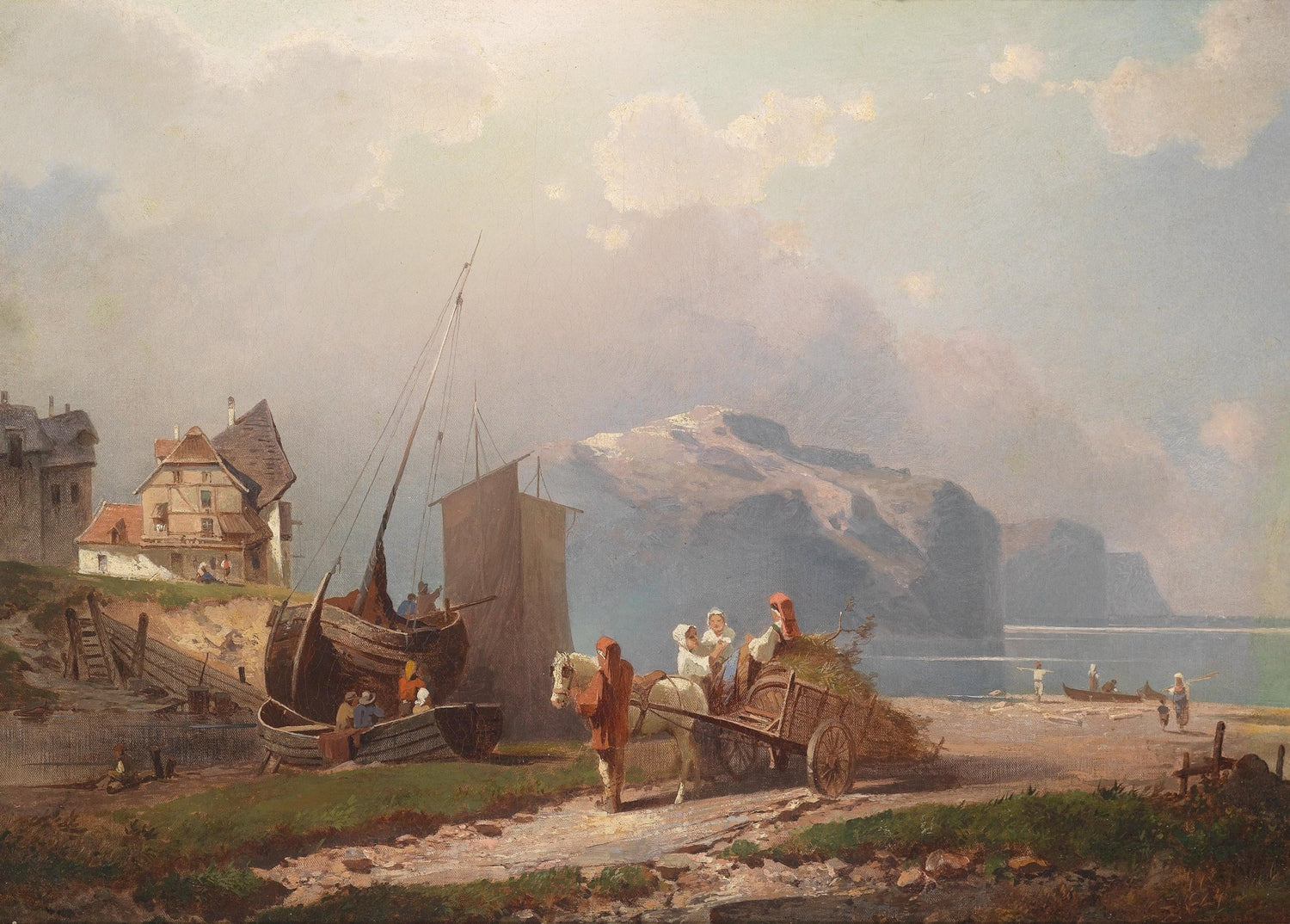 Coastal Village with Fishing Boats - Landscape Oil Painting - Oil Painting Haven