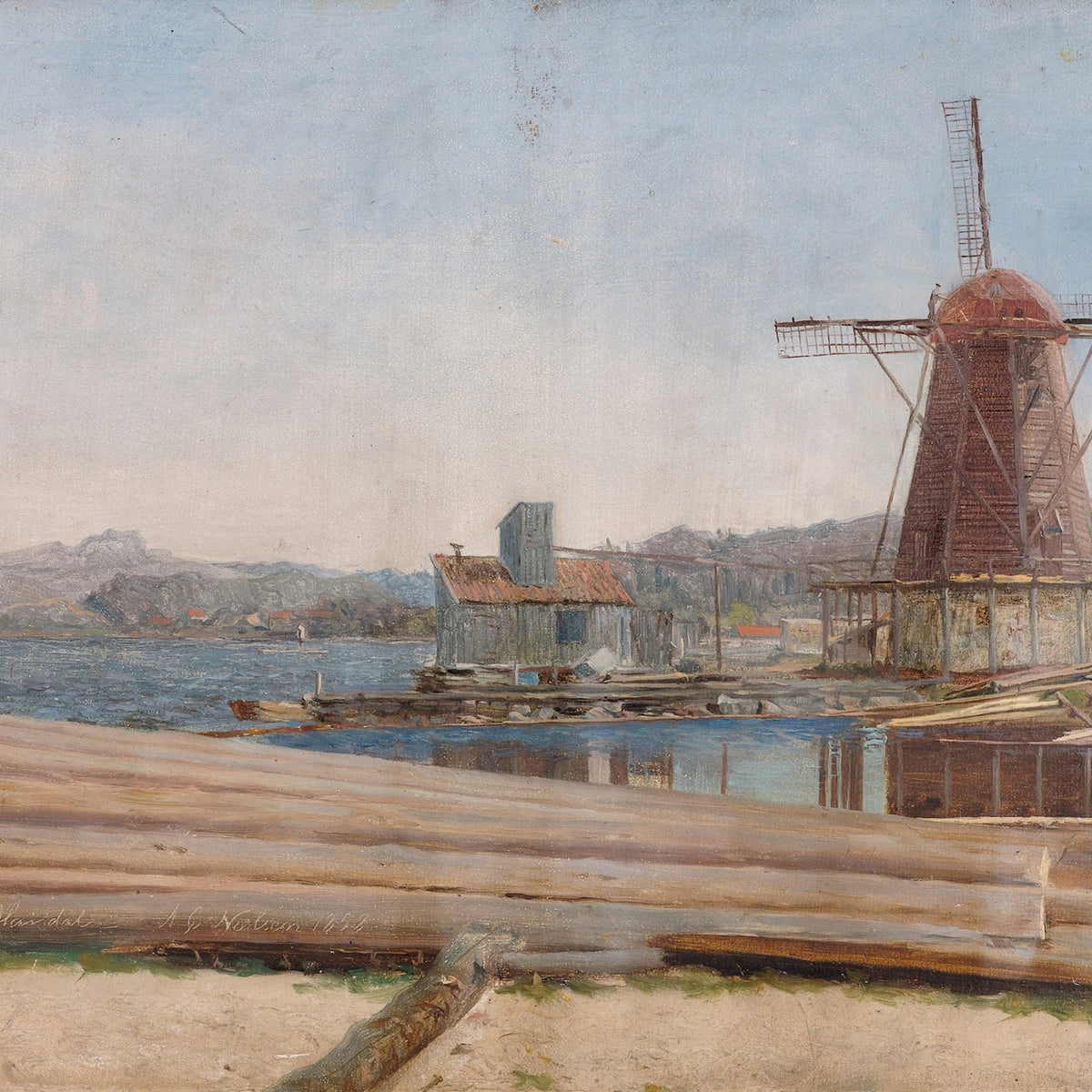 Landscape oil painting of a coastal harbor scene featuring a rustic windmill, boats on calm water, and textured brushwork in . - Add Frame, Architecture, Boat, Canvas, Coastal, Hand Painted, Harbor, Landscape, Made To Order, Oil Painting, Seascape