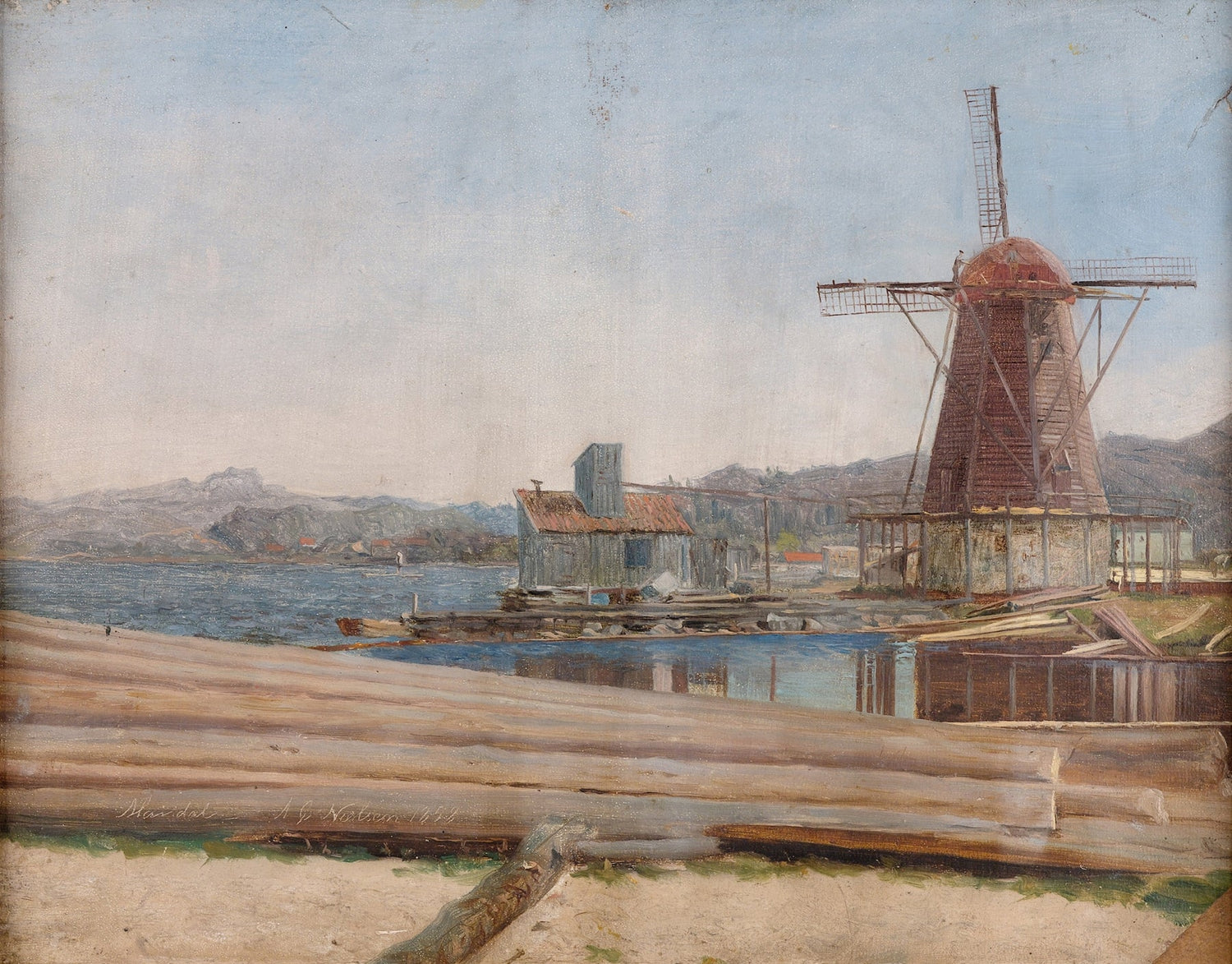 Coastal Windmill and Harbor Scene - Landscape Oil Painting - Oil Painting Haven