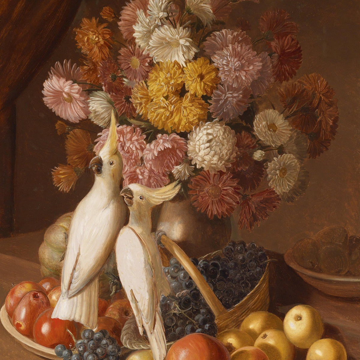 Cockatoos with Chrysanthemums and Grapes– Floral Oil Painting - Oil Painting Haven