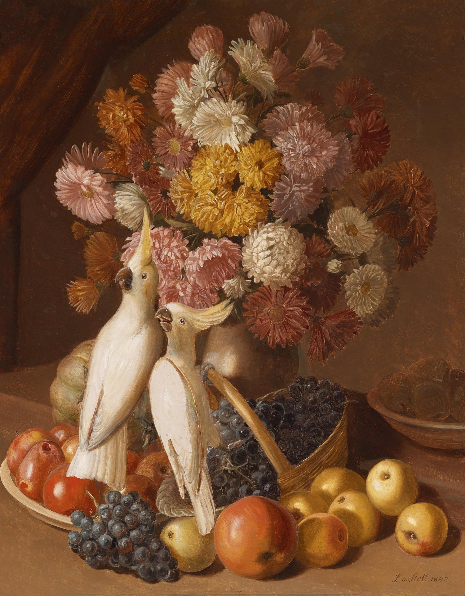 Cockatoos with Chrysanthemums and Grapes– Floral Oil Painting - Oil Painting Haven