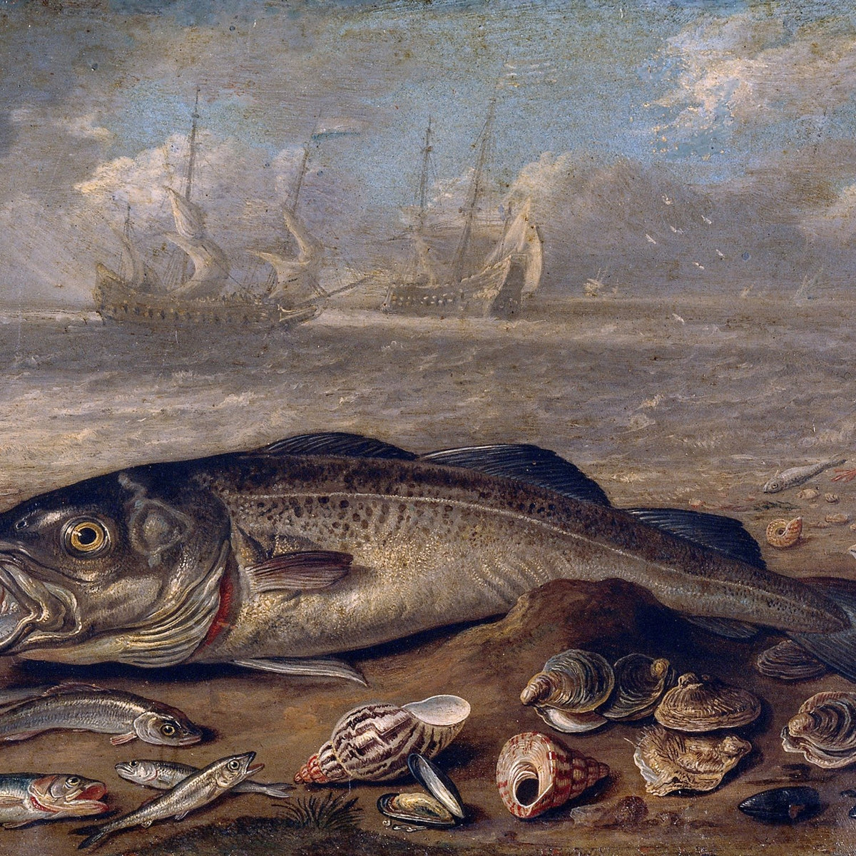 Cod Fish and Seashells by the Shore - Still Life Oil Painting - Oil Painting Haven
