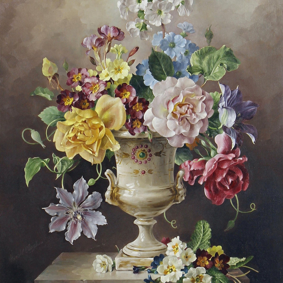Colorful Flower Arrangement in Classic Urn – Floral Oil Painting - Oil Painting Haven