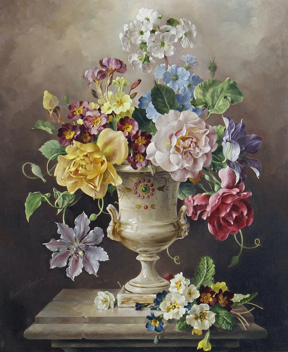 Colorful Flower Arrangement in Classic Urn – Floral Oil Painting - Oil Painting Haven