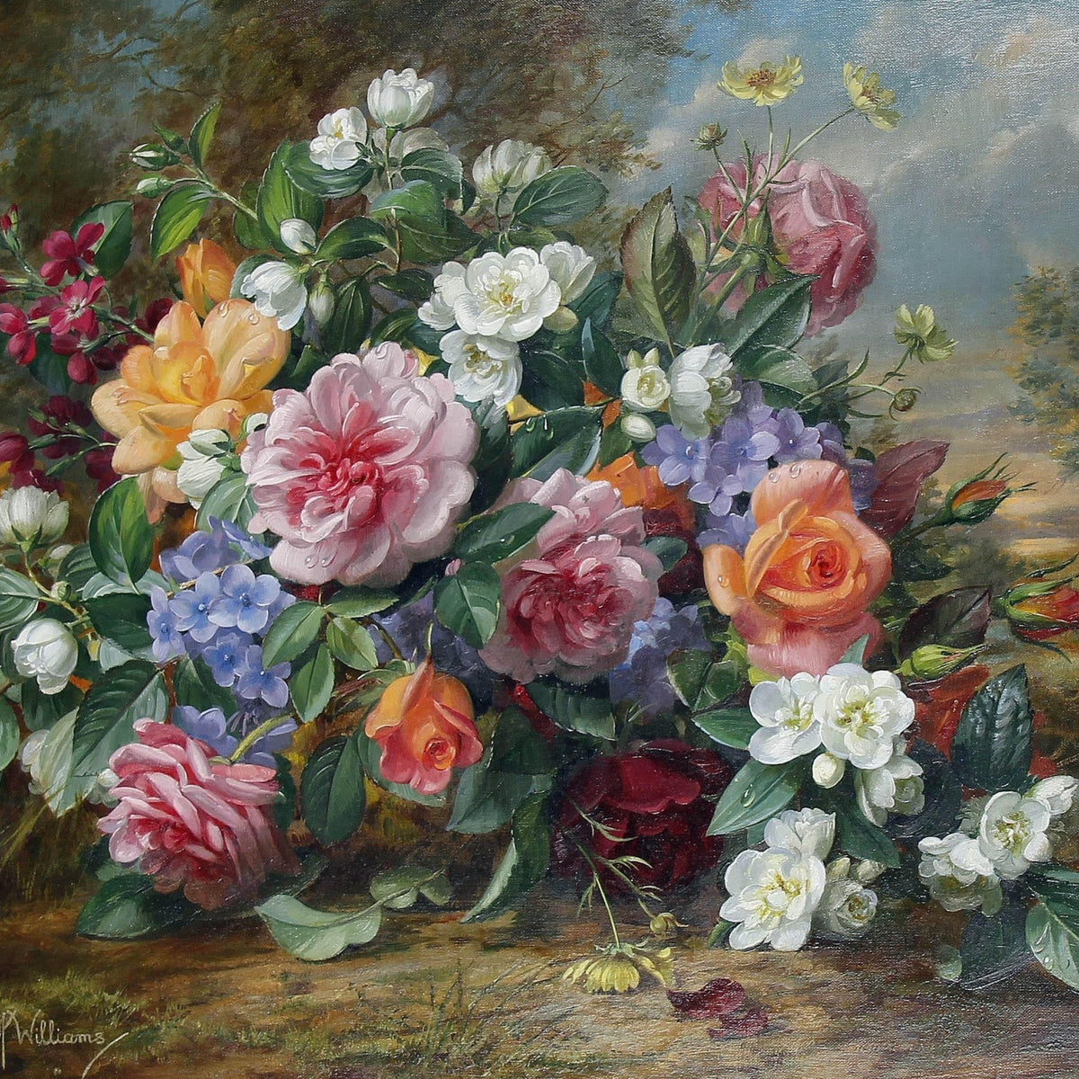 Colorful Rose Bouquet in Garden Setting – Floral Oil Painting - Oil Painting Haven