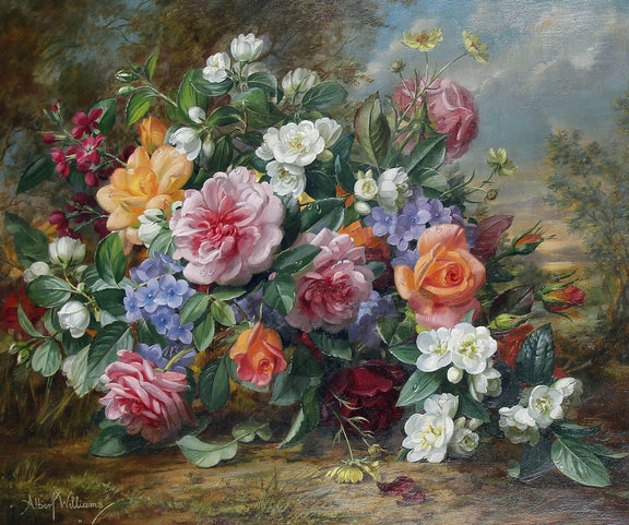 Colorful Rose Bouquet in Garden Setting – Floral Oil Painting - Oil Painting Haven