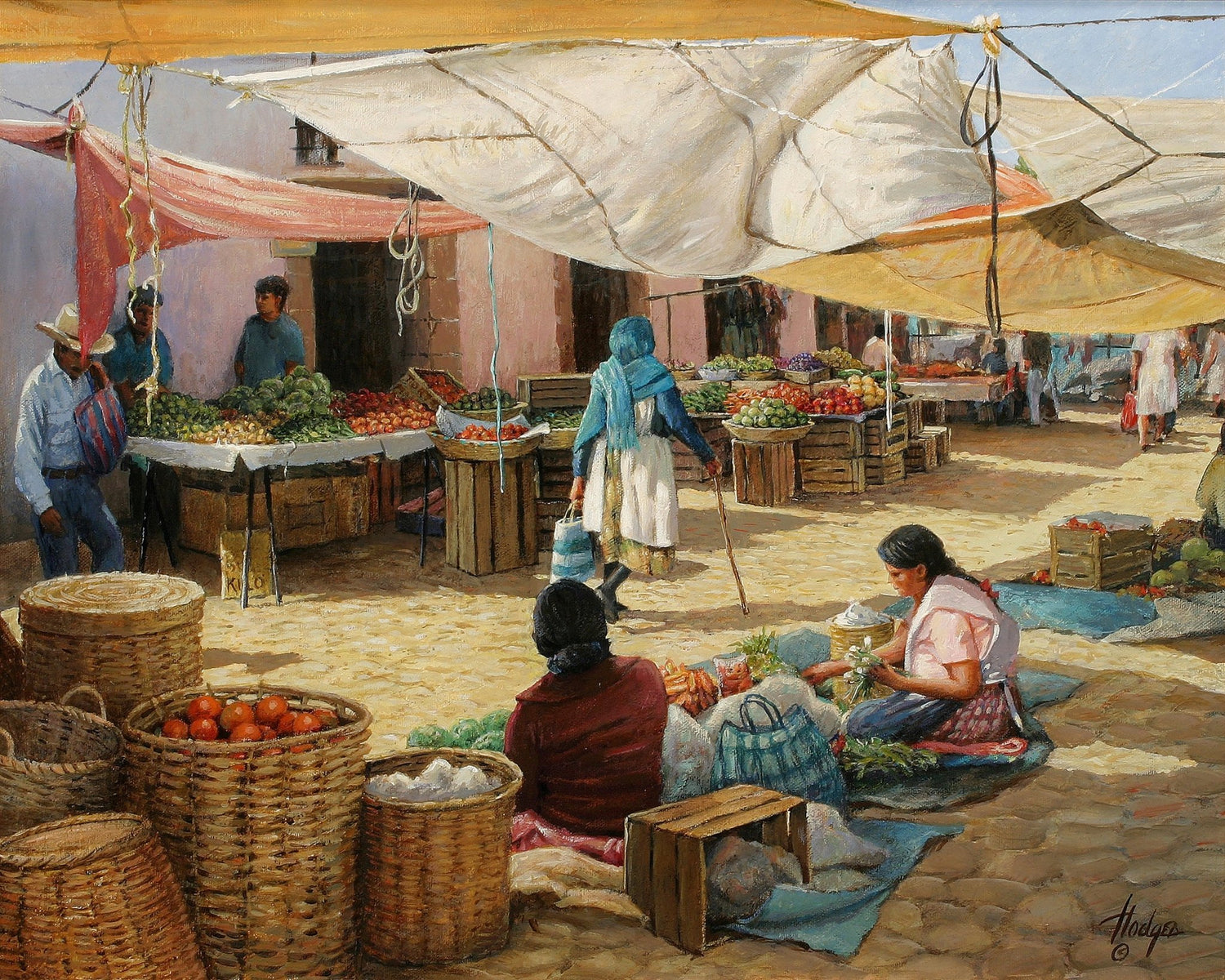 Colorful Village Market with Vendors and Shoppers - People Oil Painting - Oil Painting Haven