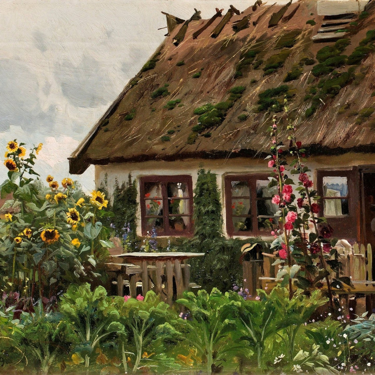 Country Cottage Garden with Sunflowers – Landscape Oil Painting - Oil Painting Haven