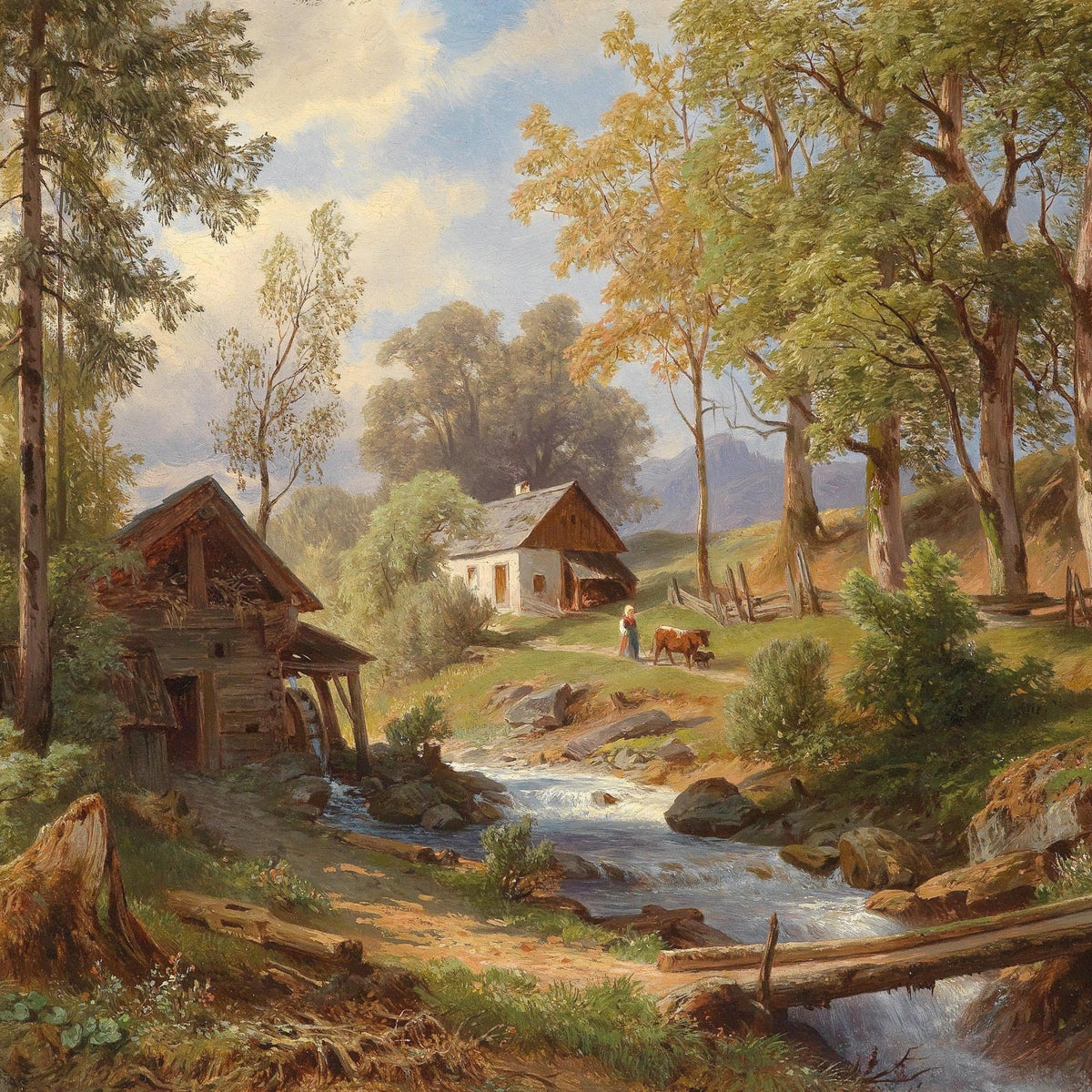 Country Cottages by a Forest Stream – Landscape Oil Painting - Oil Painting Haven