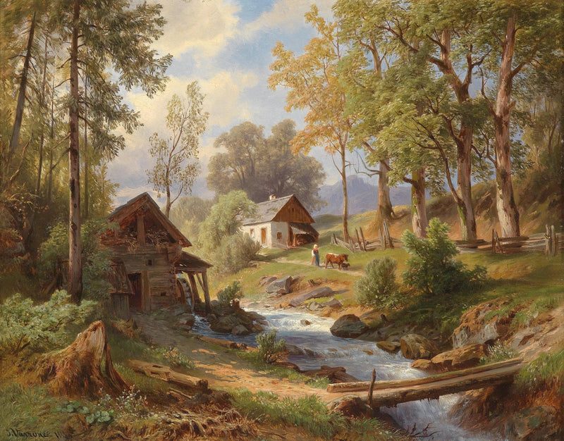Country Cottages by a Forest Stream – Landscape Oil Painting - Oil Painting Haven