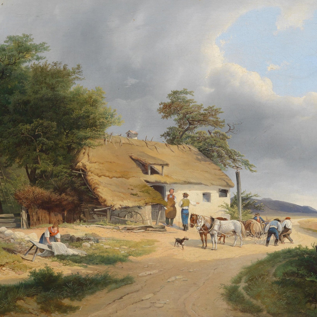Country Farmstead with Figures and Horses – Landscape Oil Painting - Oil Painting Haven