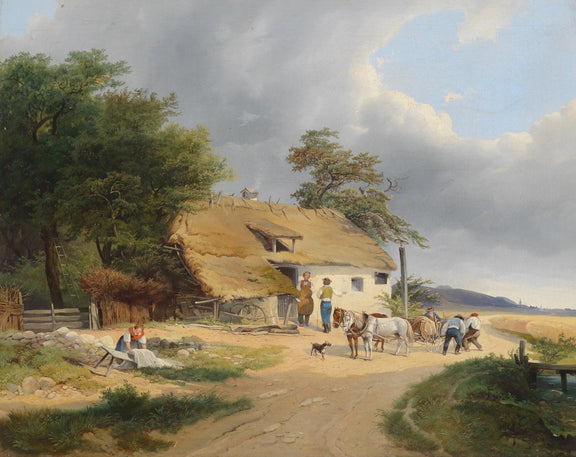 Country Farmstead with Figures and Horses – Landscape Oil Painting - Oil Painting Haven