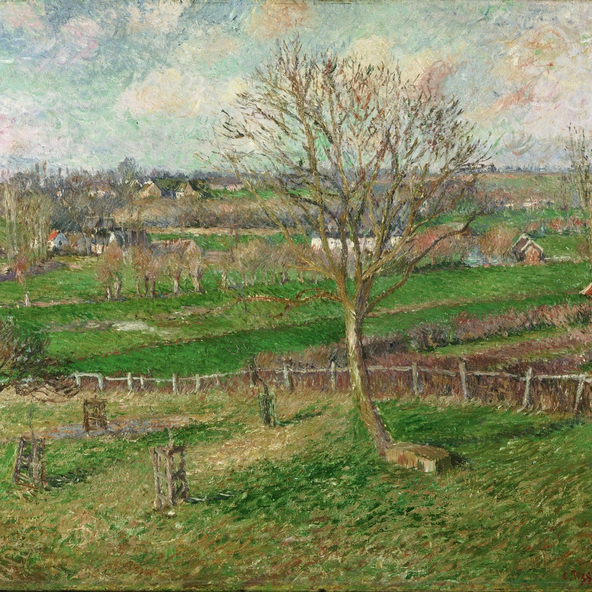 Hand painted landscape oil painting of a country field with a central bare walnut tree, textured brushwork on oil on canvas. - Add Frame, Canvas, Country, Field, Forest, Hand Painted, Landscape, Made To Order, Oil Painting, Village