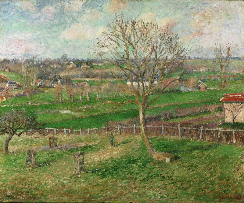 Hand painted landscape oil painting of a country field with a central bare walnut tree, textured brushwork on oil on canvas. - Add Frame, Canvas, Country, Field, Forest, Hand Painted, Landscape, Made To Order, Oil Painting, Village