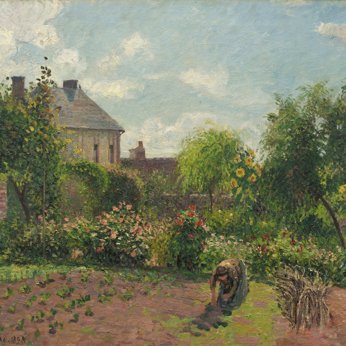 Landscape oil painting of a sunlit country garden with blooming flowers, a gardener tending the soil, and a rustic cottage. - Add Frame, Canvas, Cottage, Country, Floral, Forest, Garden, Hand Painted, Landscape, Made To Order, Oil Painting
