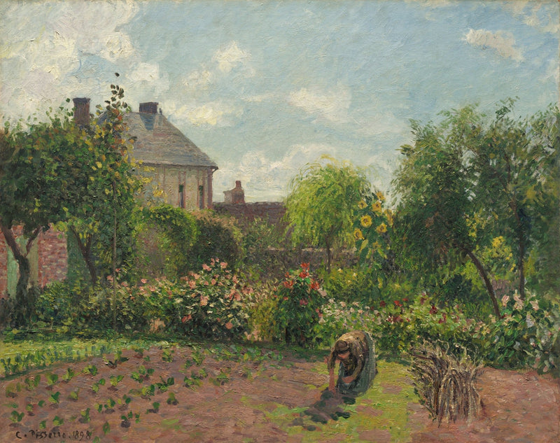 Landscape oil painting of a sunlit country garden with blooming flowers, a gardener tending the soil, and a rustic cottage. - Add Frame, Canvas, Cottage, Country, Floral, Forest, Garden, Hand Painted, Landscape, Made To Order, Oil Painting