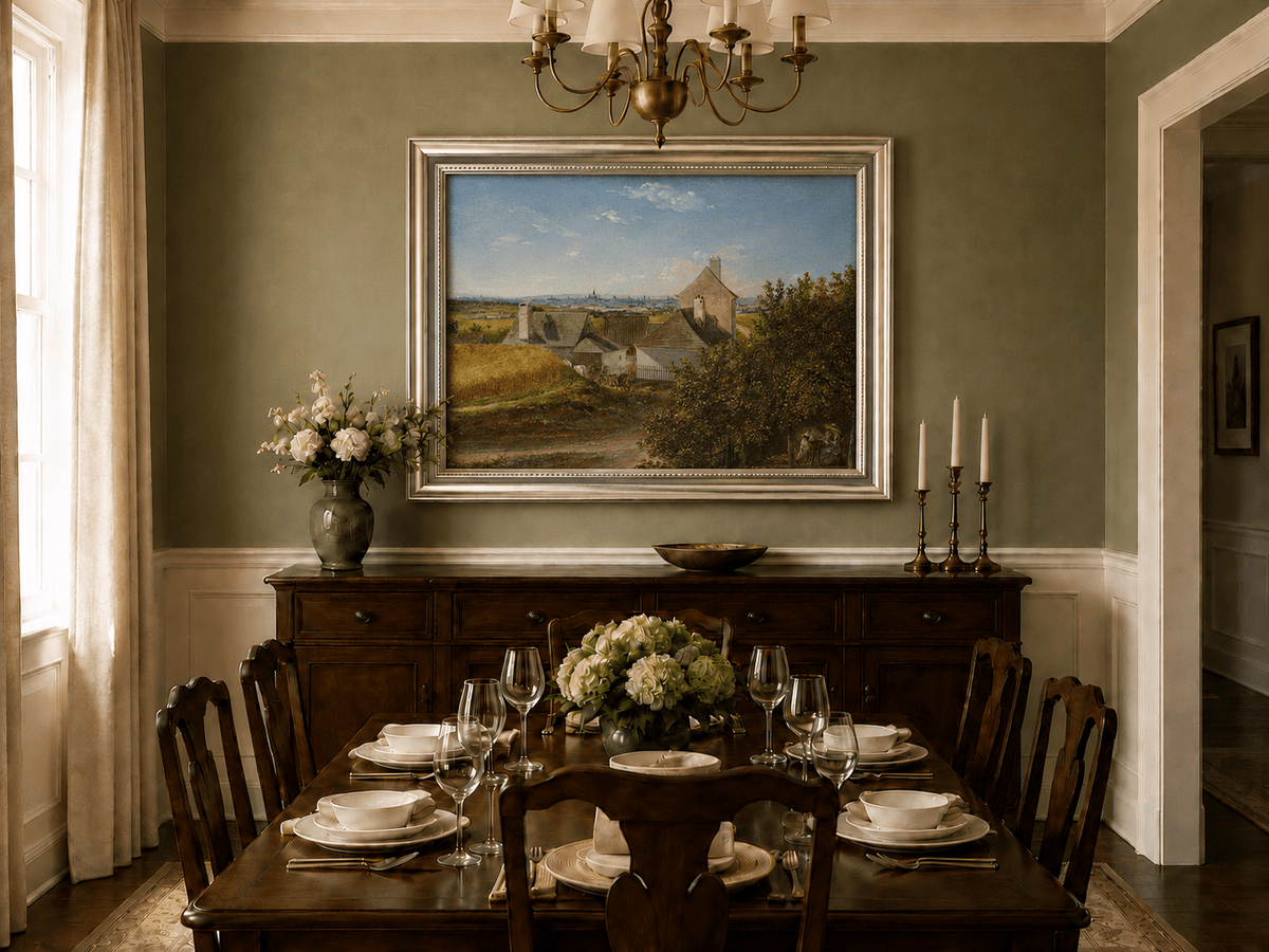 Framed hand-painted country houses oil painting with a winding road and distant city view displayed above a formal dining table.