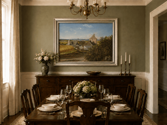 Framed hand-painted country houses oil painting with a winding road and distant city view displayed above a formal dining table.