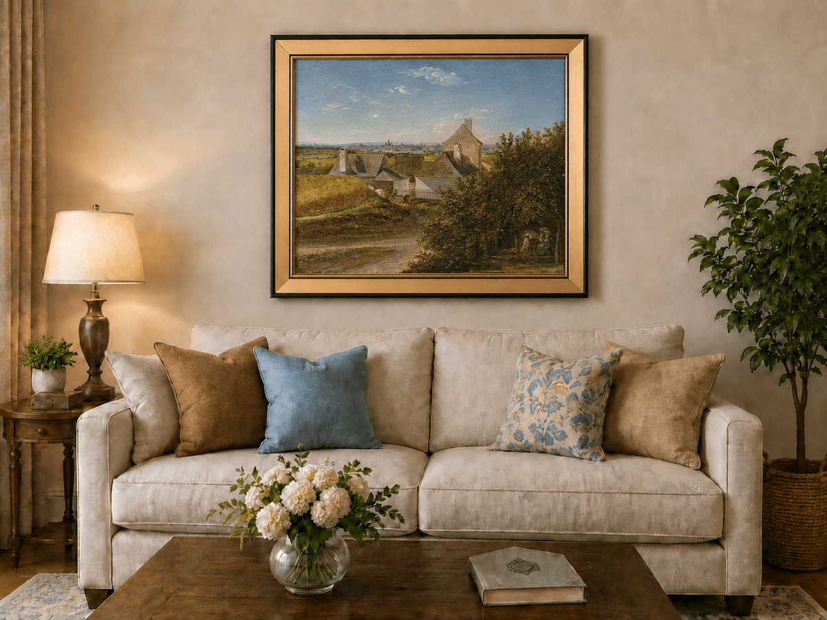 Framed hand-painted country houses oil painting with a winding road and distant city view displayed above a neutral living room sofa.