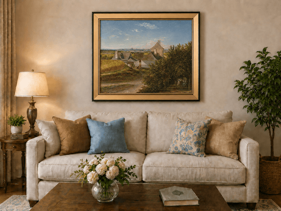 Framed hand-painted country houses oil painting with a winding road and distant city view displayed above a neutral living room sofa.