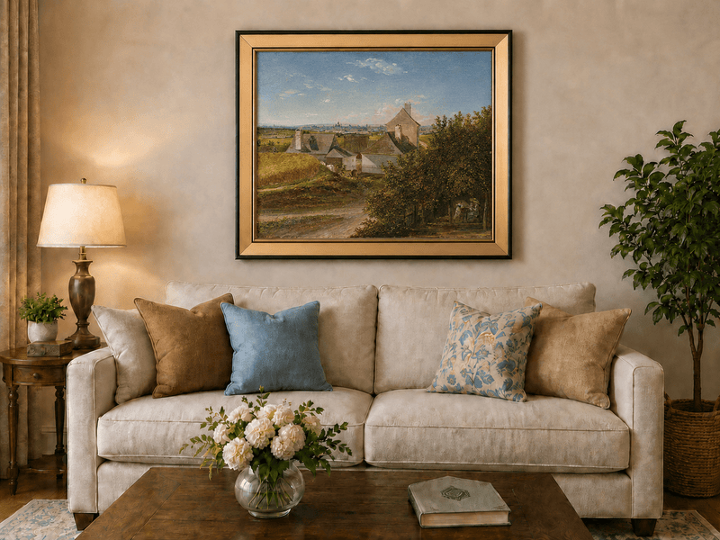 Framed hand-painted country houses oil painting with a winding road and distant city view displayed above a neutral living room sofa.