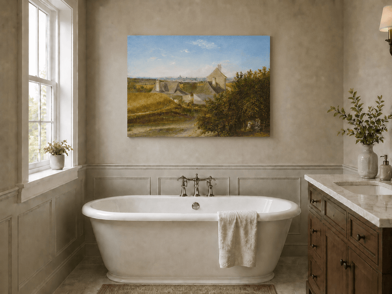 Unframed hand-painted country houses oil painting with a winding road and distant city view displayed above a freestanding bathtub.