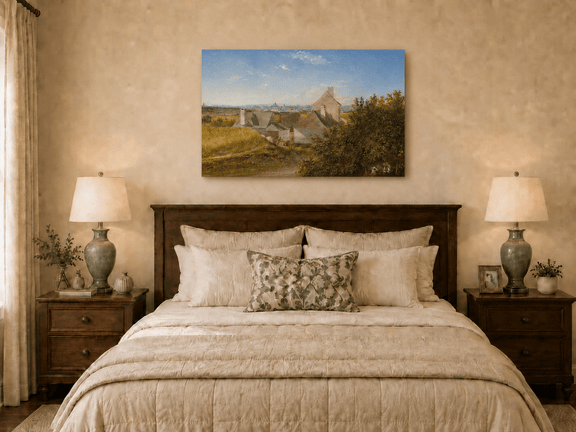 Unframed hand-painted country houses oil painting with a winding road and distant city view displayed above a wooden bed in a neutral bedroom.