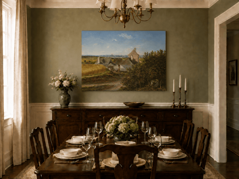 Unframed hand-painted country houses oil painting with a winding road and distant city view displayed above a formal dining table.