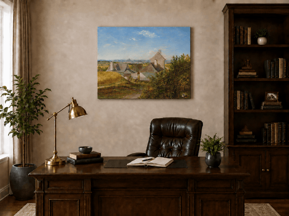 Unframed hand-painted country houses oil painting with a winding road and distant city view displayed above a traditional home office desk.